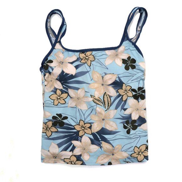 Floral Tankini Top Swimsuit Pool Beach Blue Beige White Scoop Neck Built in Bra - Picture 3 of 5